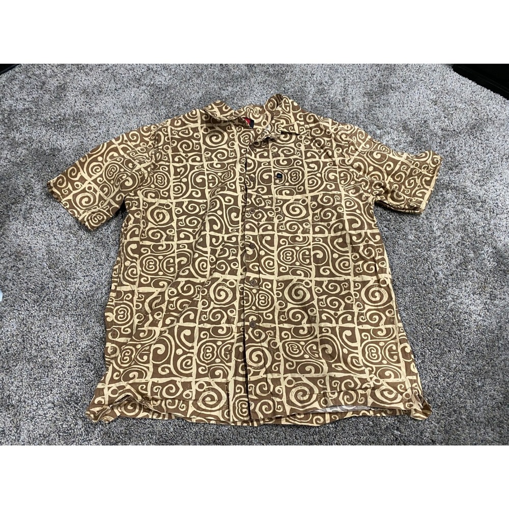 Quiksilver Button Down Shirt Tribal Swirl Print Tan Brown Large